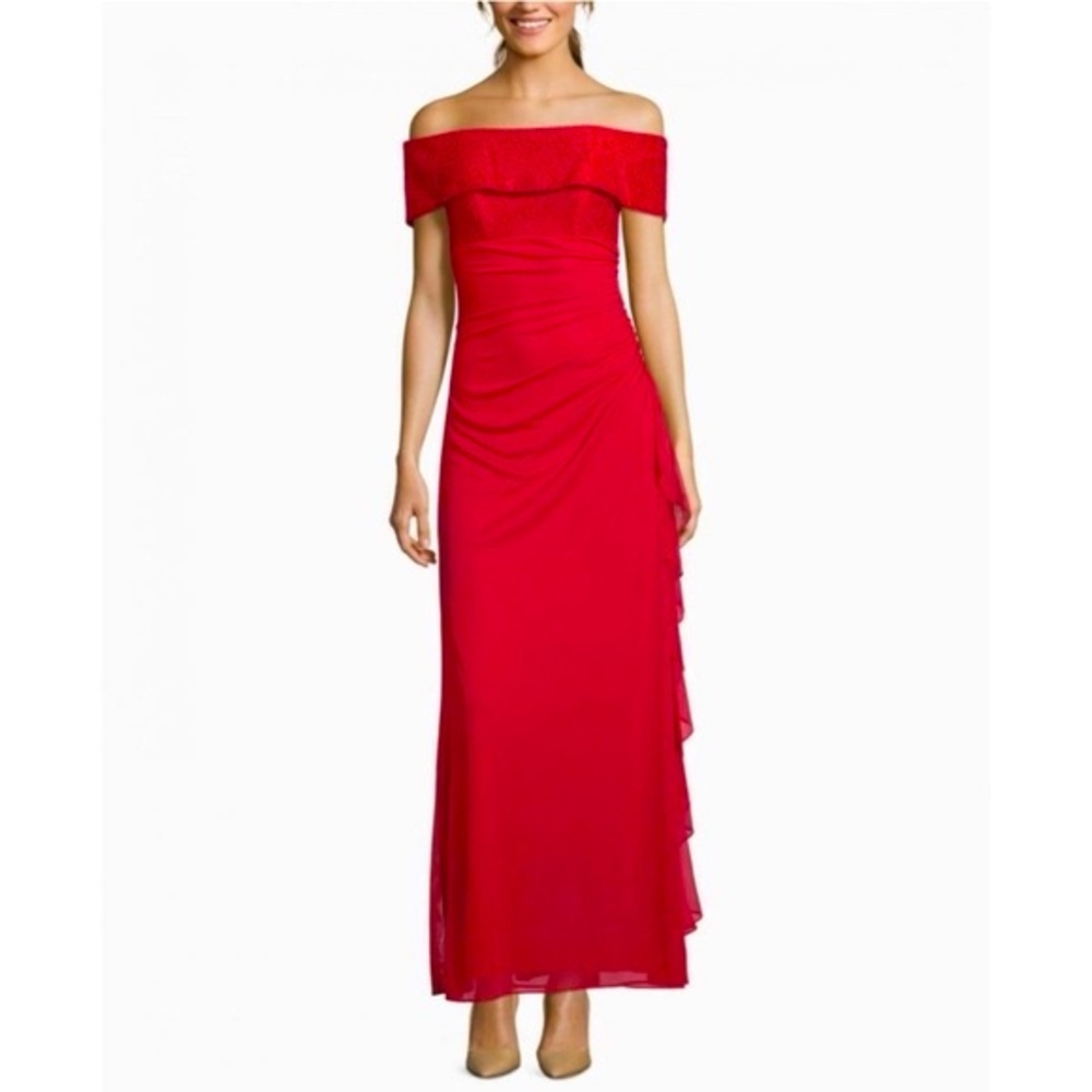 Betsy & Adam Laced Off-The-Shoulder Formal Gown Party Wedding Dress Red Size: 6